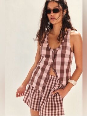 Free People Summer Spice Brown Pink Combo Checkered Large Set Outfit Vacay